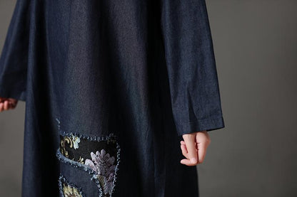 Cotton Navy Blue Long Sleeve Round Neck Embroidery Dress