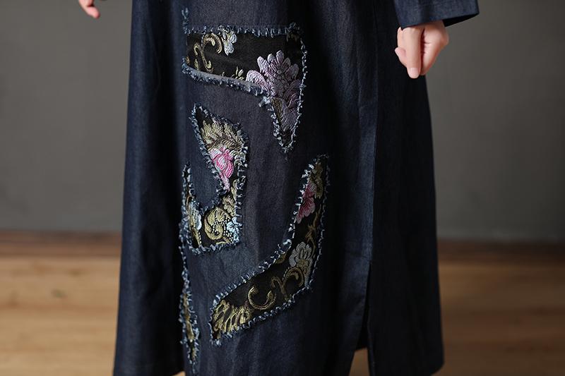 Cotton Navy Blue Long Sleeve Round Neck Embroidery Dress