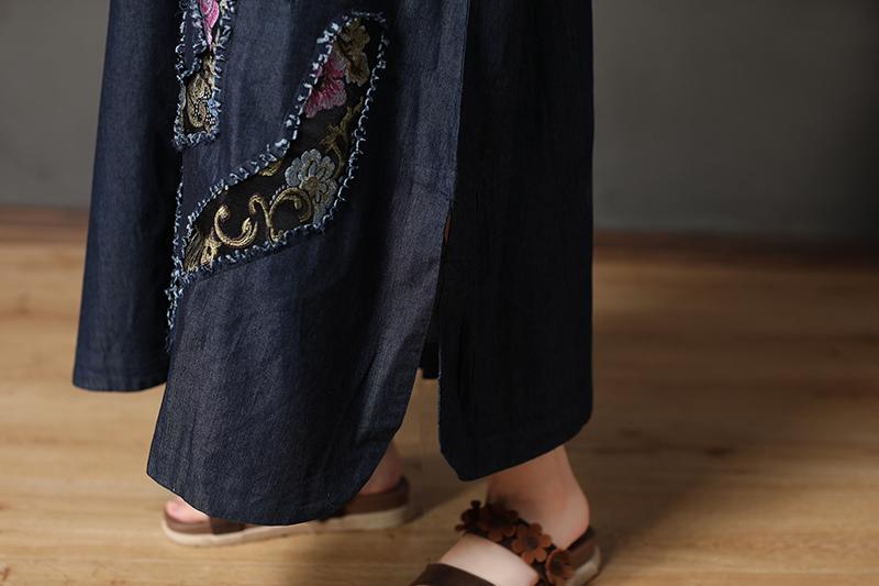 Cotton Navy Blue Long Sleeve Round Neck Embroidery Dress