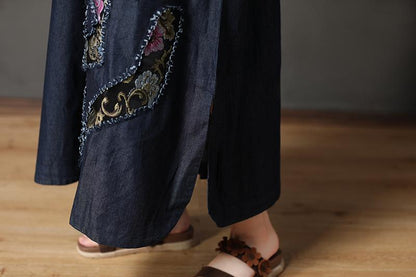 Cotton Navy Blue Long Sleeve Round Neck Embroidery Dress