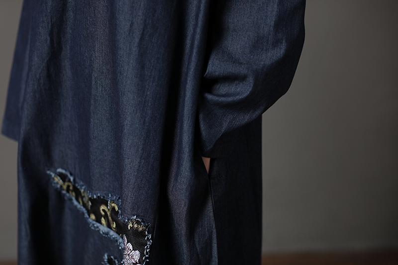 Cotton Navy Blue Long Sleeve Round Neck Embroidery Dress