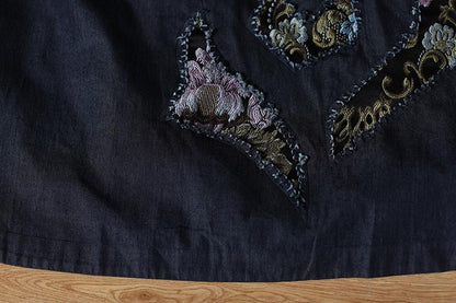 Cotton Navy Blue Long Sleeve Round Neck Embroidery Dress