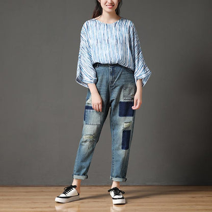 Cotton Blue Casual Summer Women Hole Jeans Pants