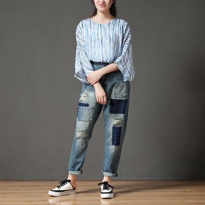 Cotton Blue Casual Summer Women Hole Jeans Pants