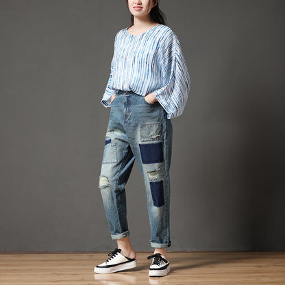 Cotton Blue Casual Summer Women Hole Jeans Pants