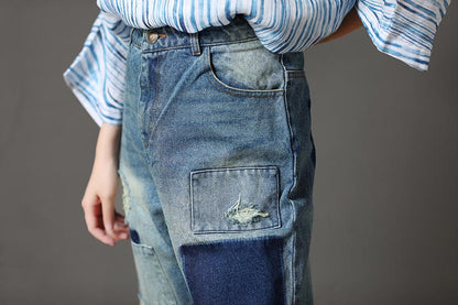 Cotton Blue Casual Summer Women Hole Jeans Pants