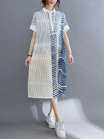 Original Printing Lapel Short Sleeve Split-Joint Shirt Dress
