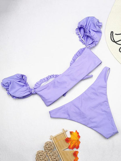 Solid Pleated Bow Bikini Swimwear