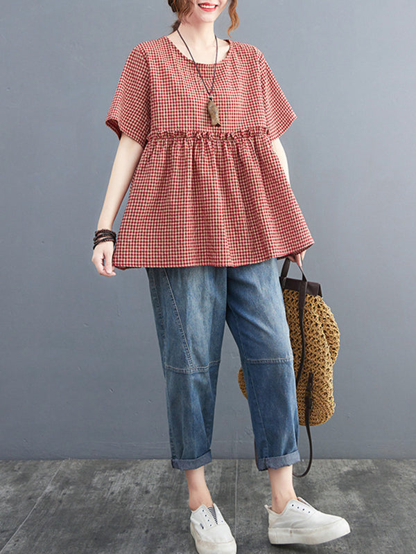 Artistic Retro Loose Plaid Ramie Cotton Falbala T-Shirt Top