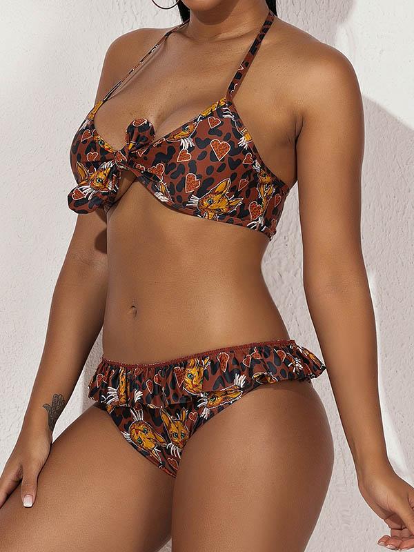 Cat-Print Ruffled Split Bikini Swimsuit