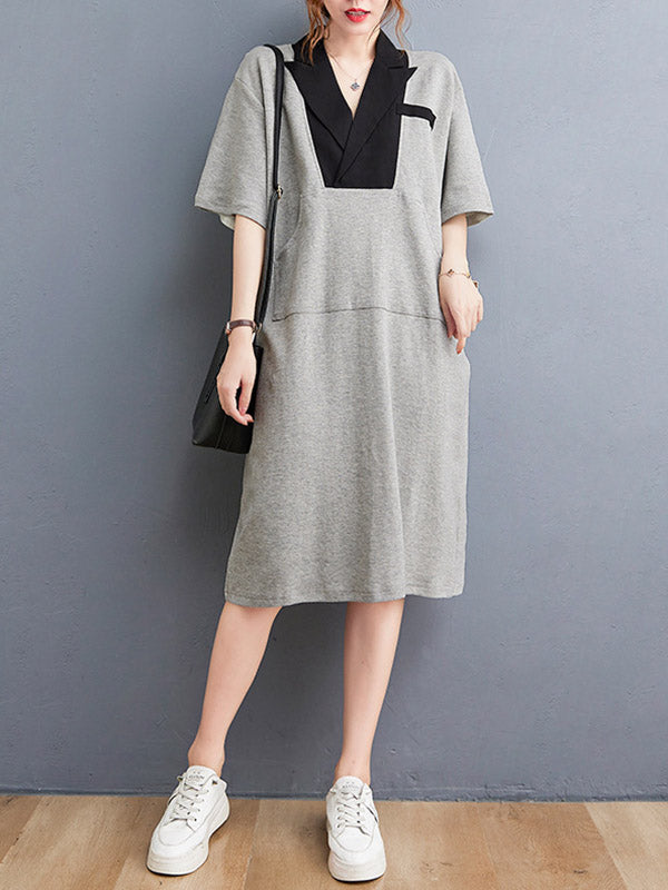Urban Notched Collar Split-Joint Midi Dress