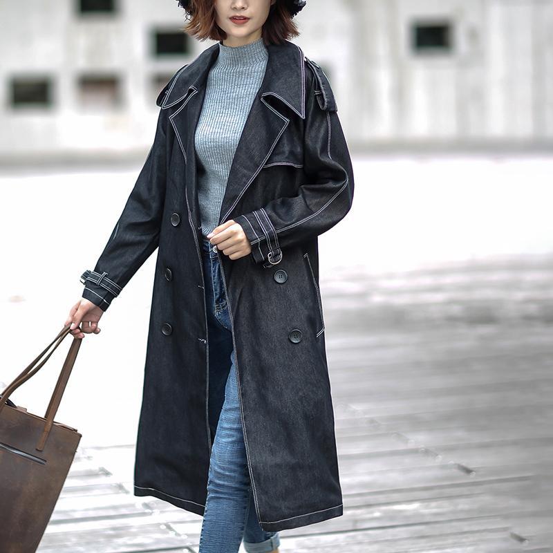 Cotton Solid Sashes Casual Office Lady Denim Coat