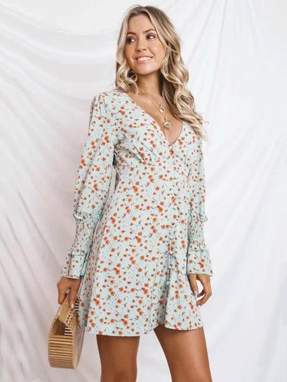 V-neck Floral Long Sleeves Button Front Mini Dress