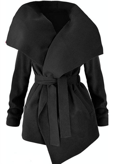 Solid Color Lapel Collar Belted Coat Tops