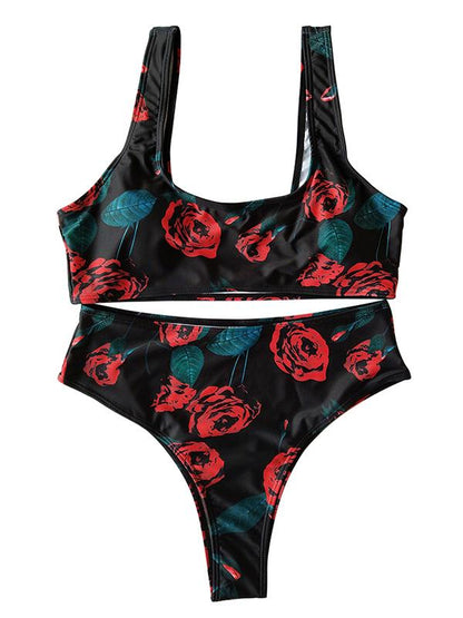 Black Printed High Waist Bikinis Swimwear
