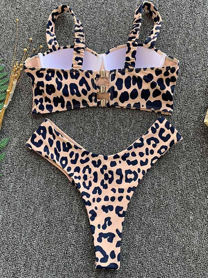 Leopard Lace-Up Pleated Bikini Swimsuit