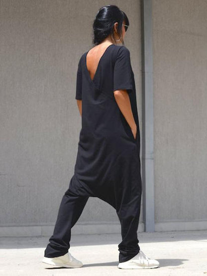Simple Black Short Sleeves V-neck Jumpsuits