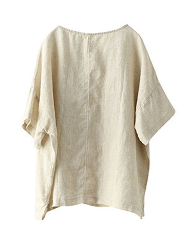 Ramie Cotton Printing Round-Neck T-Shirts Tops