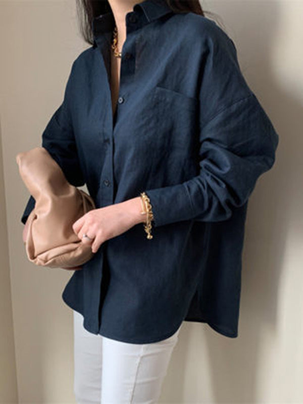 Urban Ramie Cotton Solid Color Lapel Long Sleeves Blouse