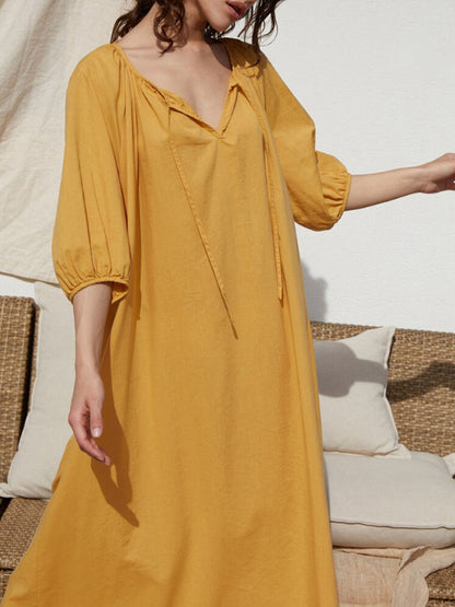 Casual Loose Linen 3 Colors Tied Pleated V-Neck Bishop Half Sleeves Midi Dress