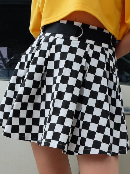 Printed Black&white Plaid Pleated Skirt