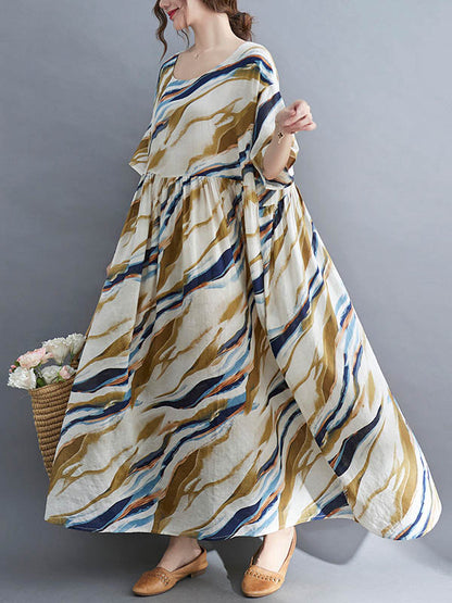 Vintage Loose Printed Split-Joint Pleated Half Sleeves Maxi Dress