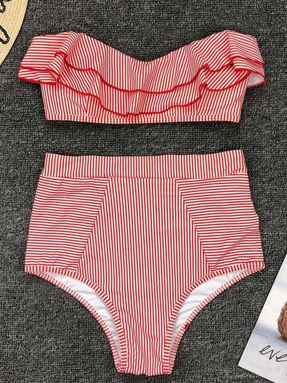 Striped Ruffled With High Waist Bikini Set