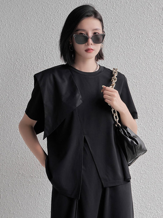 Stylish Black Split-Front Asymmetric Split-Joint Short Sleeves T-Shirts