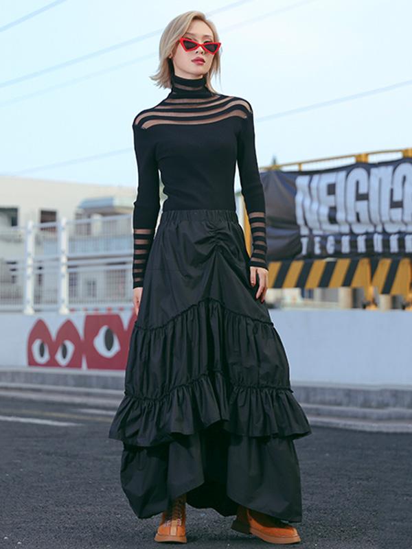 Loose Black Cropped Mermaid Tiered/Layeres Skirt