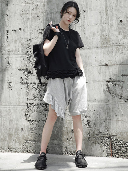 Original Solid Color Falbala Asymmetric Irregularity Shorts