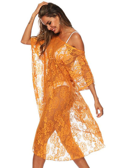 Lace Solid Floral Beach Cover Up