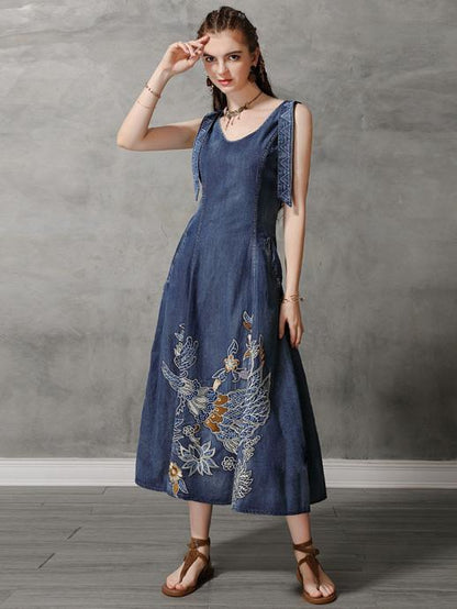 Original Retro Embroidered Hemline Denim Long Dress