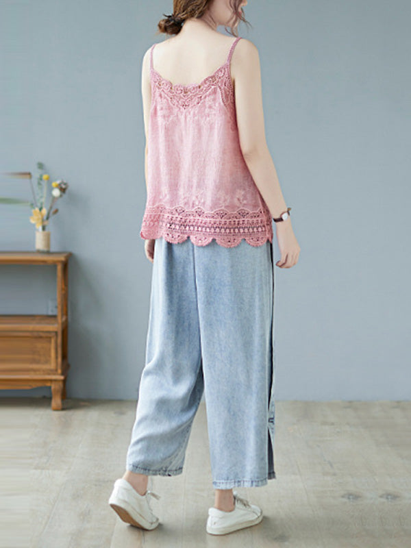 Original Solid Sleeveless Lace&Hollow V-Neck Vest