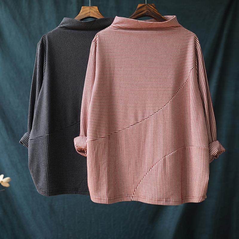 Buykud Long Sleeve Half Turtleneck Striped Blouse