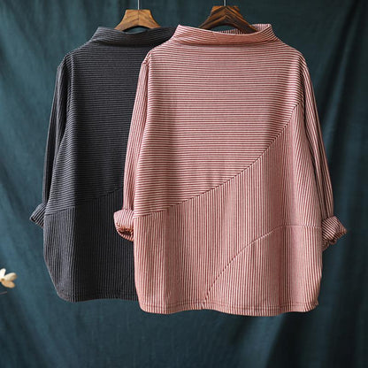 Buykud Long Sleeve Half Turtleneck Striped Blouse