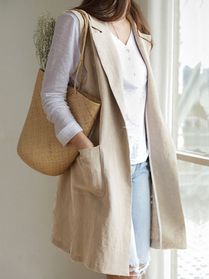 Simple Solid Color Split-Joint With Pocket Linen Notched Collar Vest Outwear