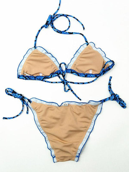 Blue Printed Spaghetti Straps Bikinis Swimwear