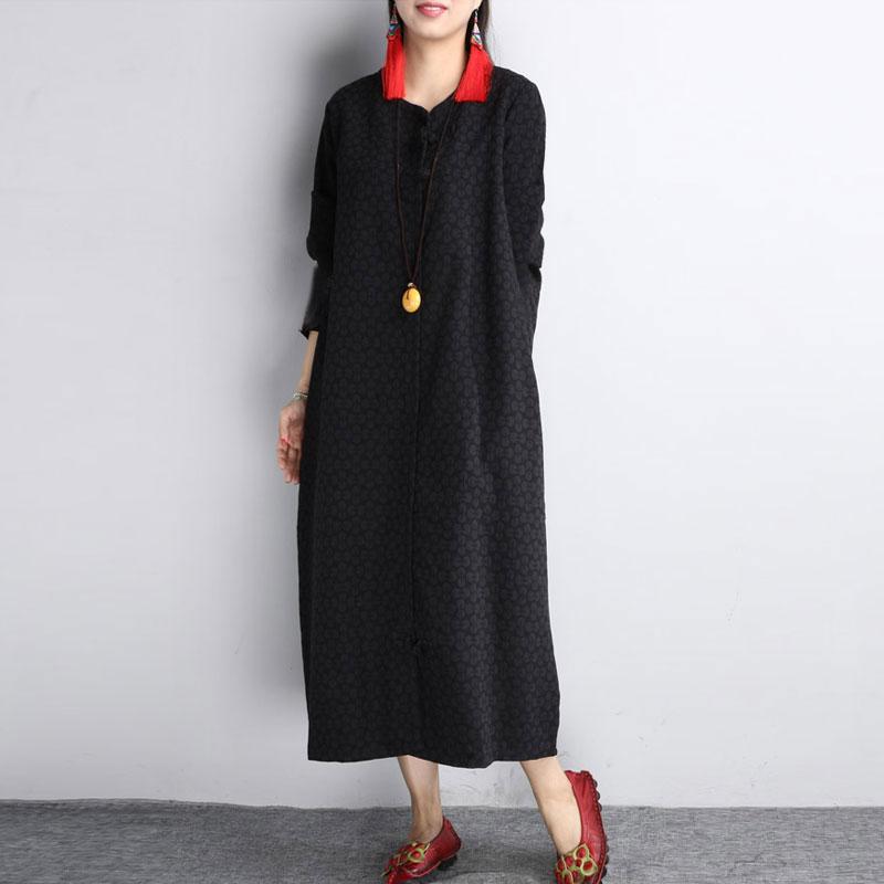 Cotton Linen Jacquard V Neck Long Sleeves Black Autumn Winter Dress For Women