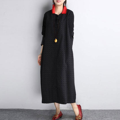 Cotton Linen Jacquard V Neck Long Sleeves Black Autumn Winter Dress For Women