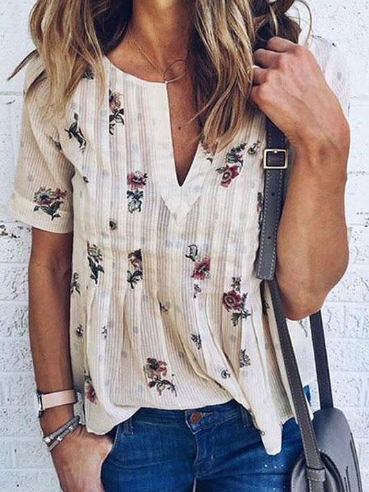 V-neck Floral Short Sleeves Blouses&shirts Tops