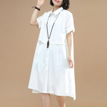 Summer Short Sleeves Women Irregular Lacing White Dress