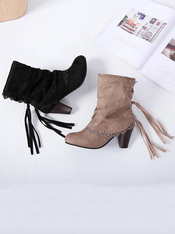 Solid Color Bandage Tasseled Purfle Lace Ankle Boots Shoes