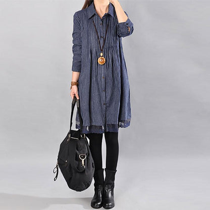 Loose Cotton Printing Lace Hem Blue Dress