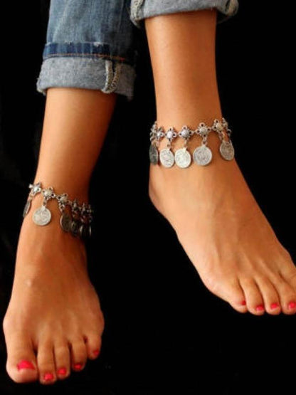 Fashion  Bohemia Retro Silver Carve Coin Pattern Tassels Footchain Accessories