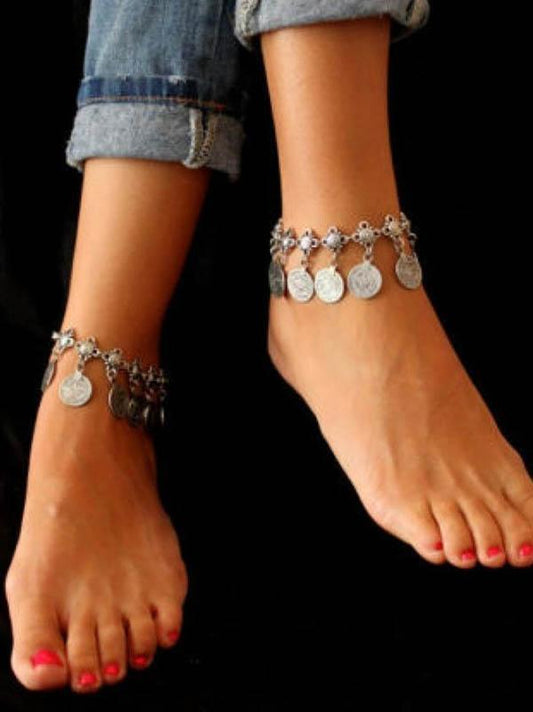 Fashion  Bohemia Retro Silver Carve Coin Pattern Tassels Footchain Accessories