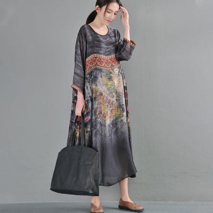 Ethnic Women Loose Round Neck Three Quarter Sleeve Dress