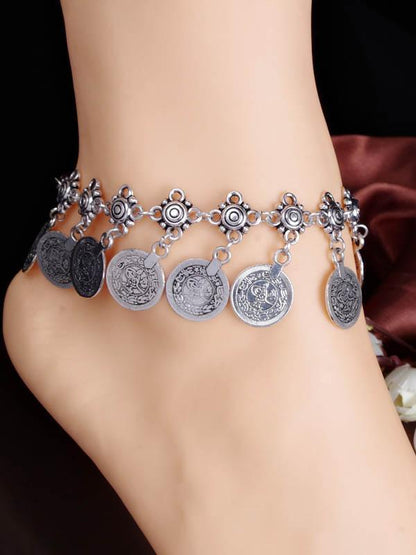 Fashion  Bohemia Retro Silver Carve Coin Pattern Tassels Footchain Accessories