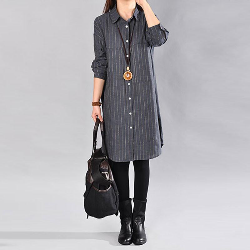 Casual Loose Stripe Cotton Blue Shirt