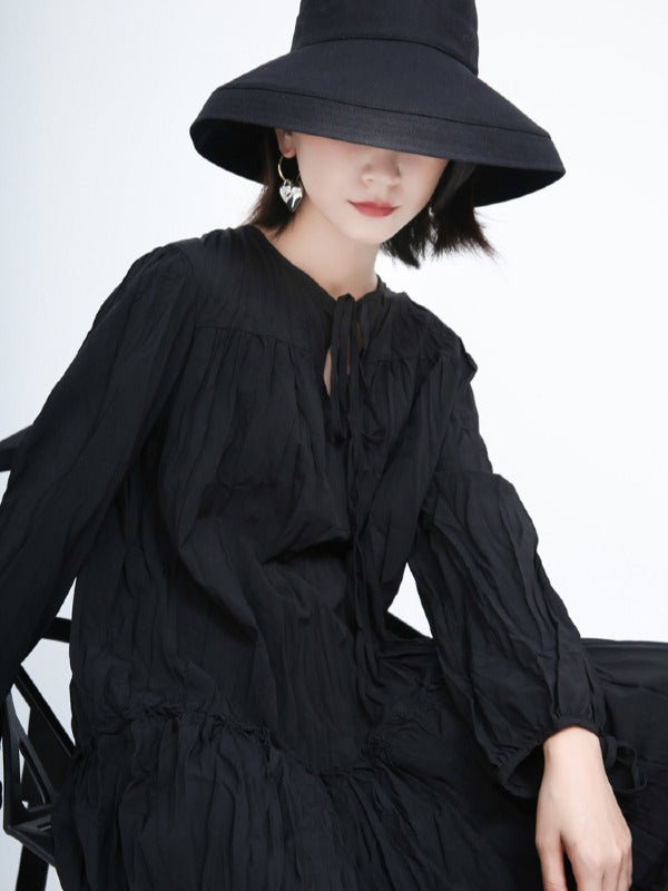 Loose Solid Pleated Lace Up Dress