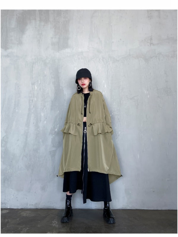 LOOSE FALBALA DRAWSTRING HIGH-LOW SOLID COLOR OUTWEAR